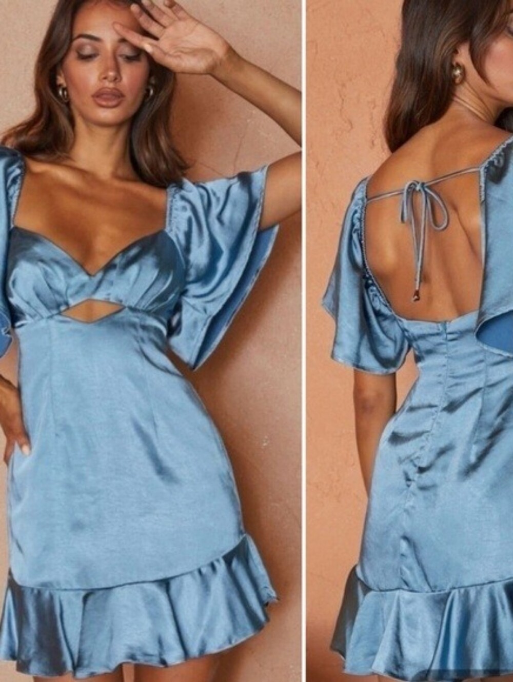 Here Comes The Sun Women's Blue Pleated Bust Angel Sleeve Ruffle Hem Dress Sz M - Picture 2 of 13